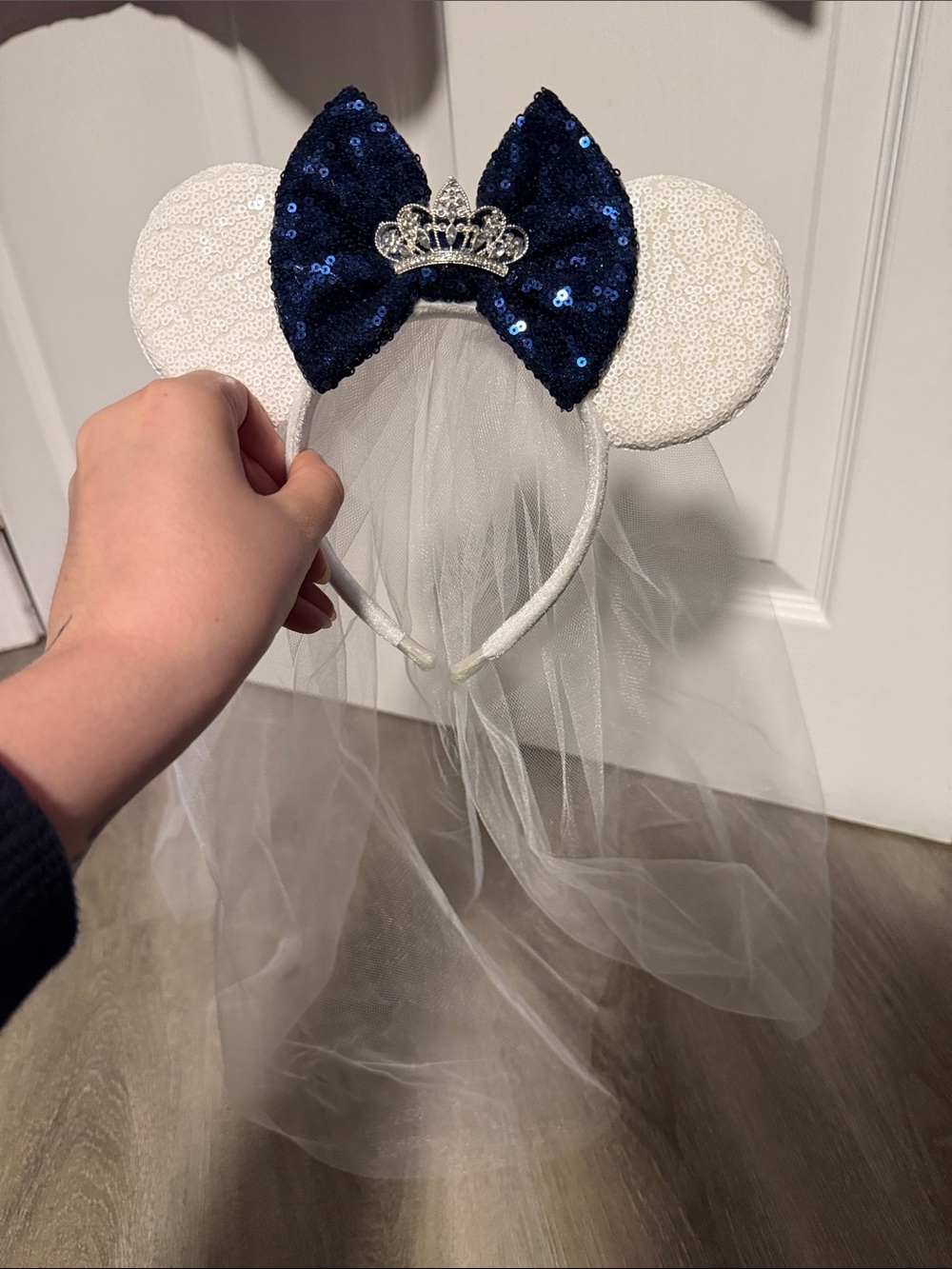 BRIDE Sequin Mouse Ear Headband with Navy Bow and White Veil